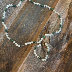 Elegant Pearl and Green Bead Necklace